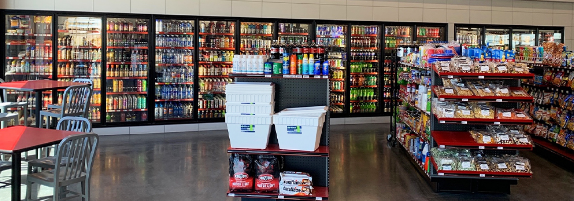 Recently updated interior of a store with commercial refrigeration